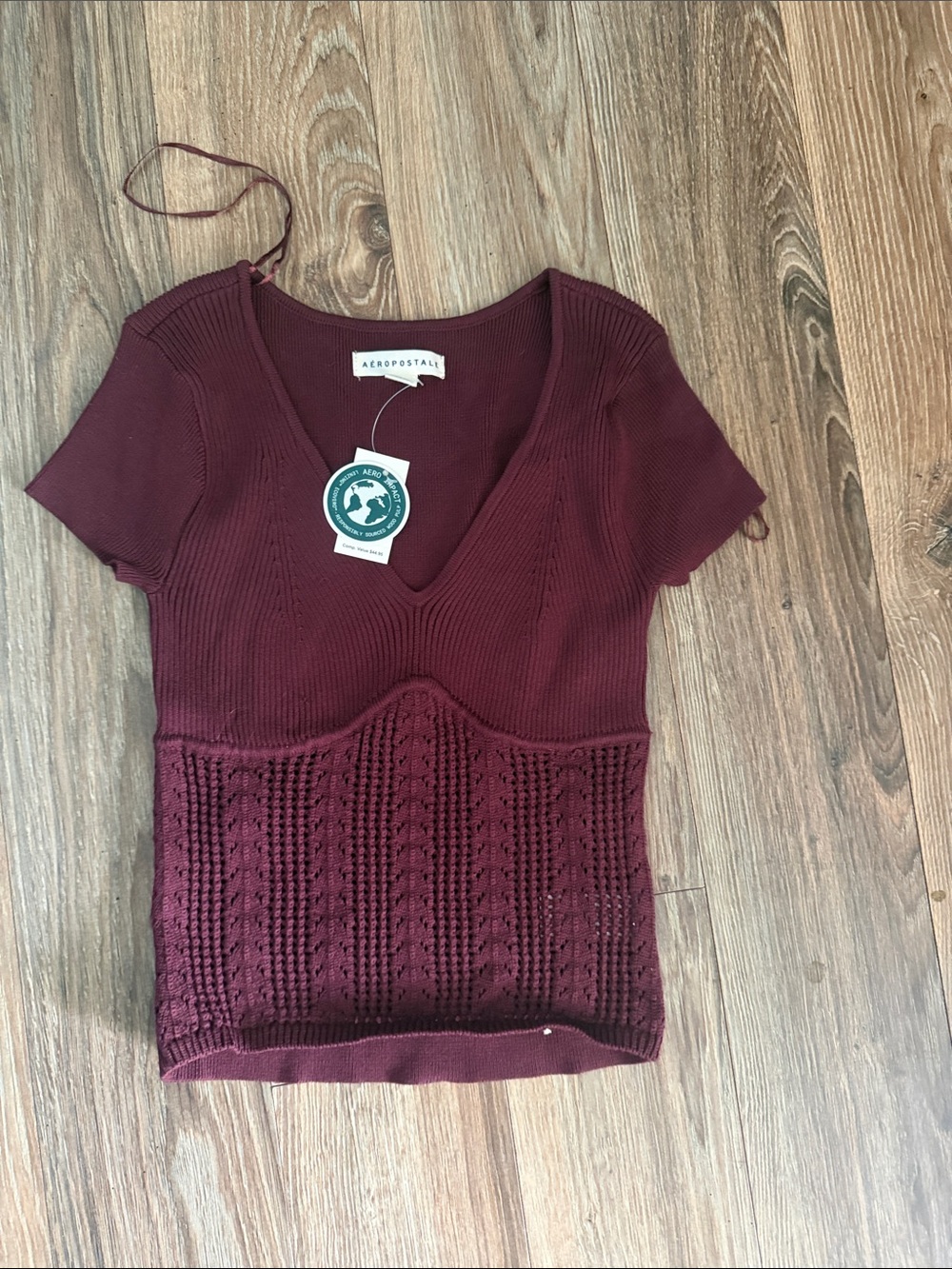 Aeropostale Women's Burgundy Short-Sleeve V-Neck Knit Top